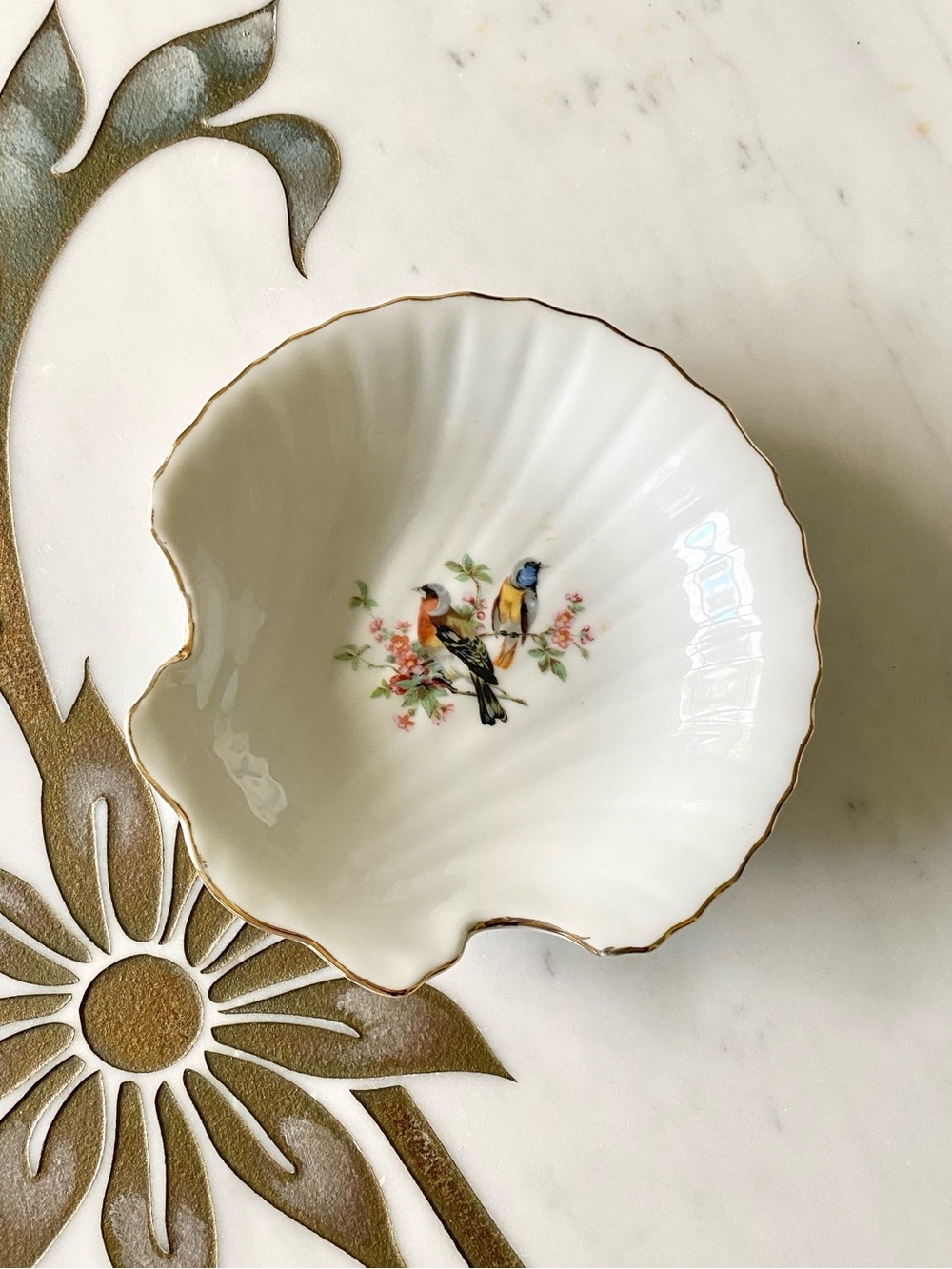 Vintage Japan Porcelain Shell Trinket Dish Gold Rim Bird Floral Catchall